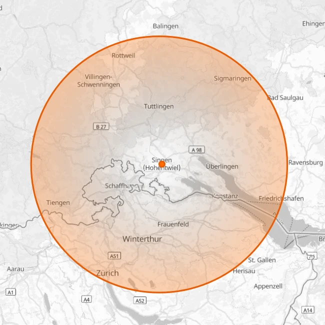 Eine Übersichtskarte des Servicegebiets von Express Umzüge und Möbelmontage aus Konstanz.